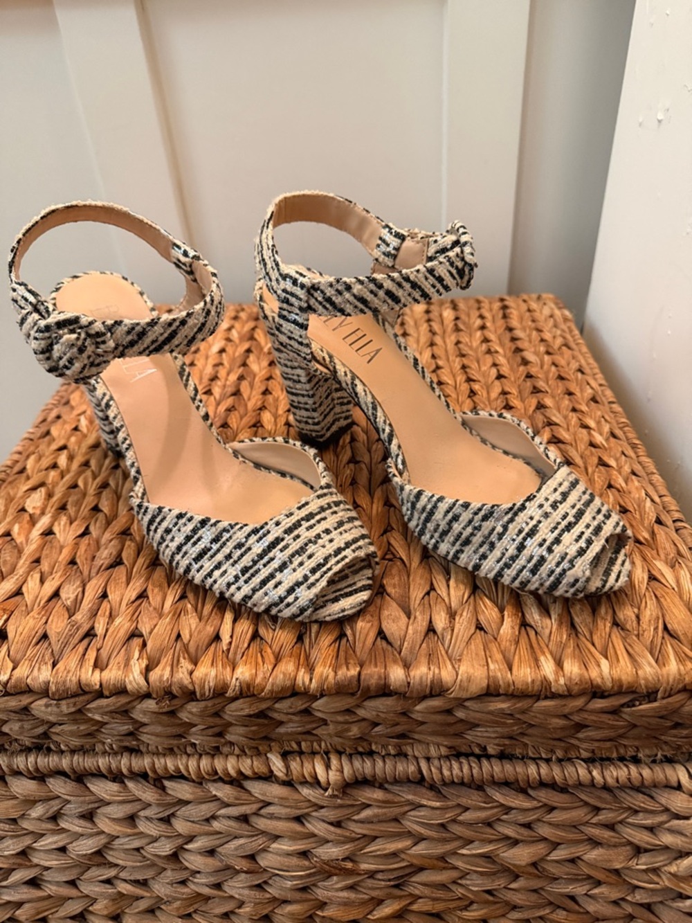 Parisian style peep toe, ankle strap block heel sandals